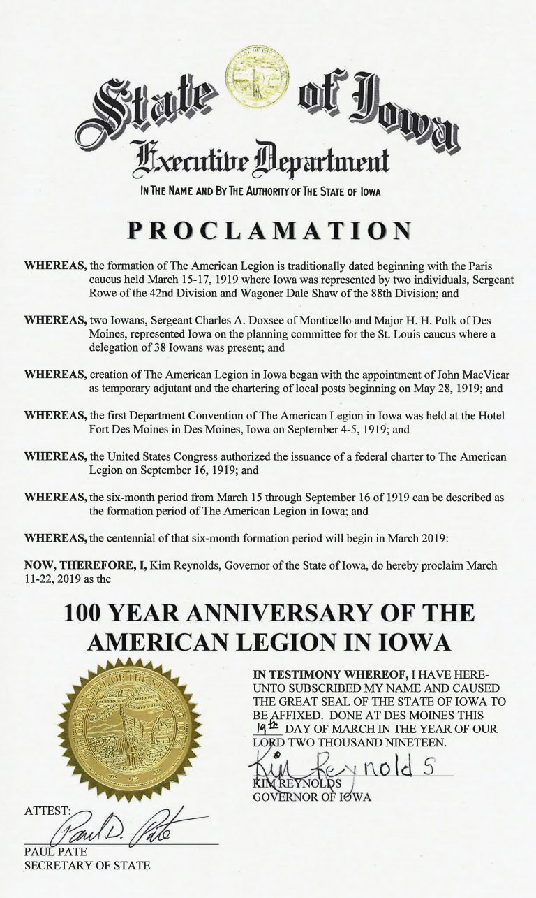 Centennial Proclamation Ceremony and Coins The American Legion of Iowa